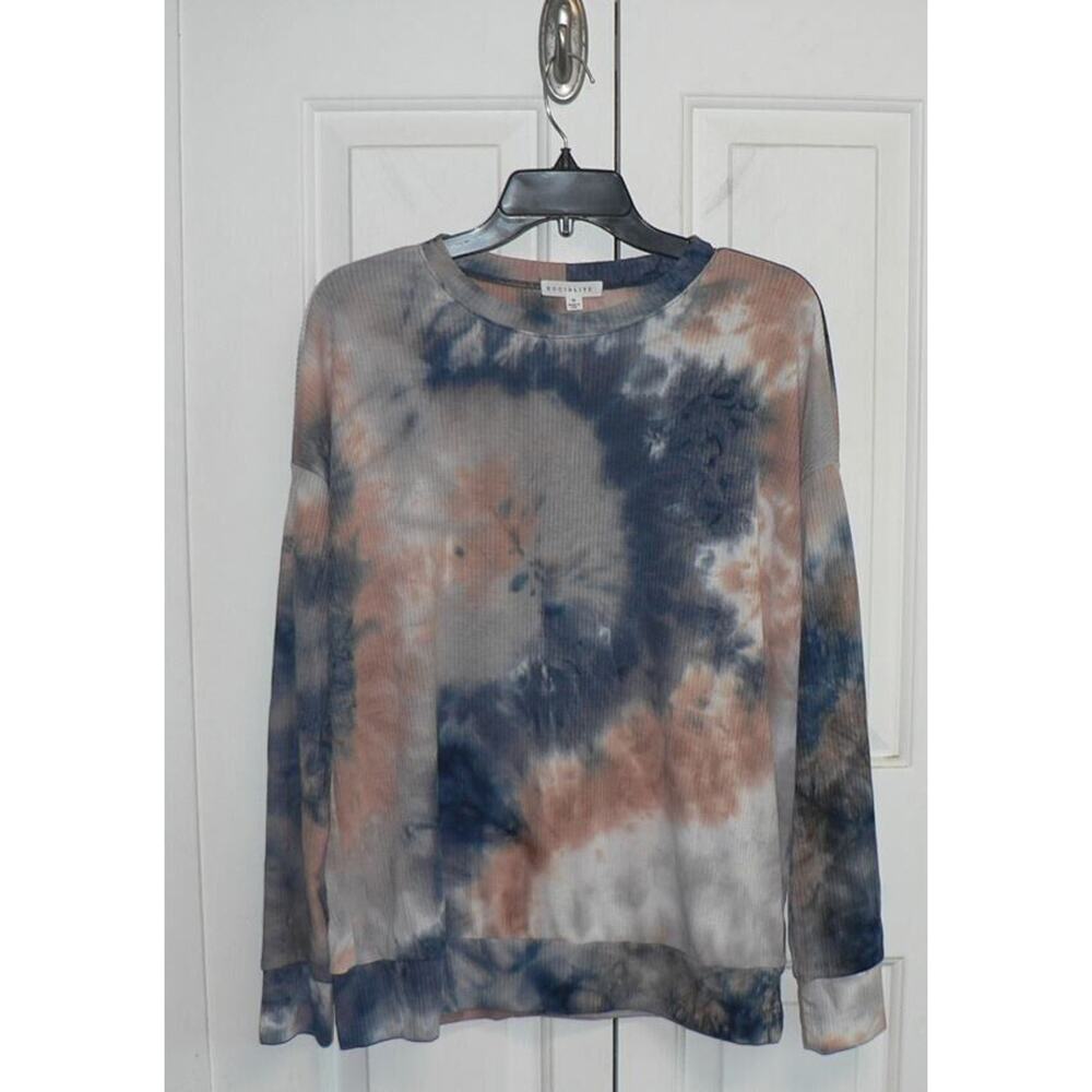 Socialite Women's Ribbed Long Sleeve Crew Neck Top in Blue‎ Multi Tie Dye Medium